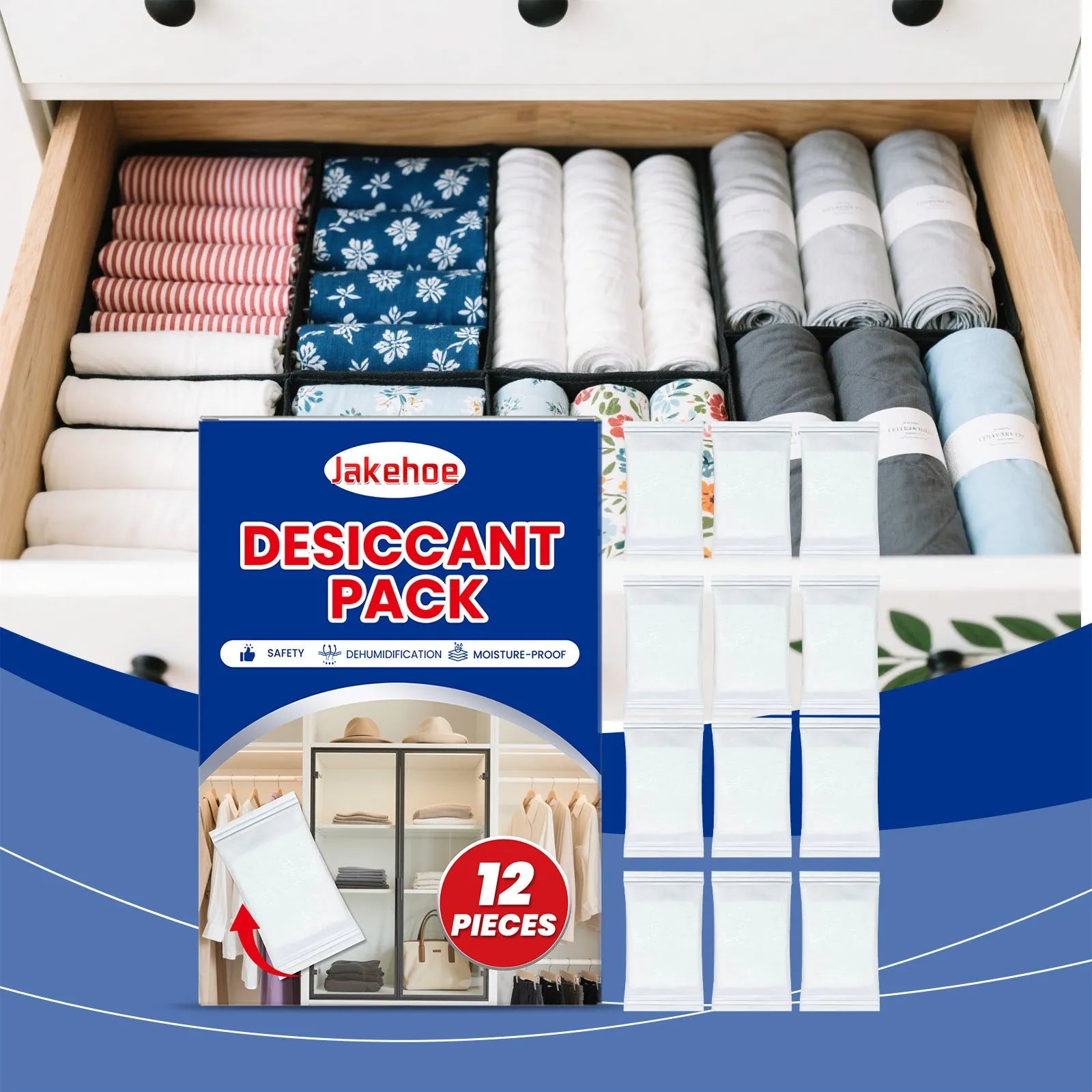 12-pack calcium chloride desiccant for household moisture absorption, each piece approx 10x7x2cm