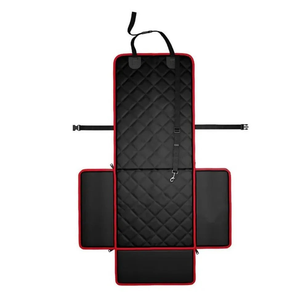 Black non-slip car pet pad for dogs on a car seat, showing anti-dirt surface.