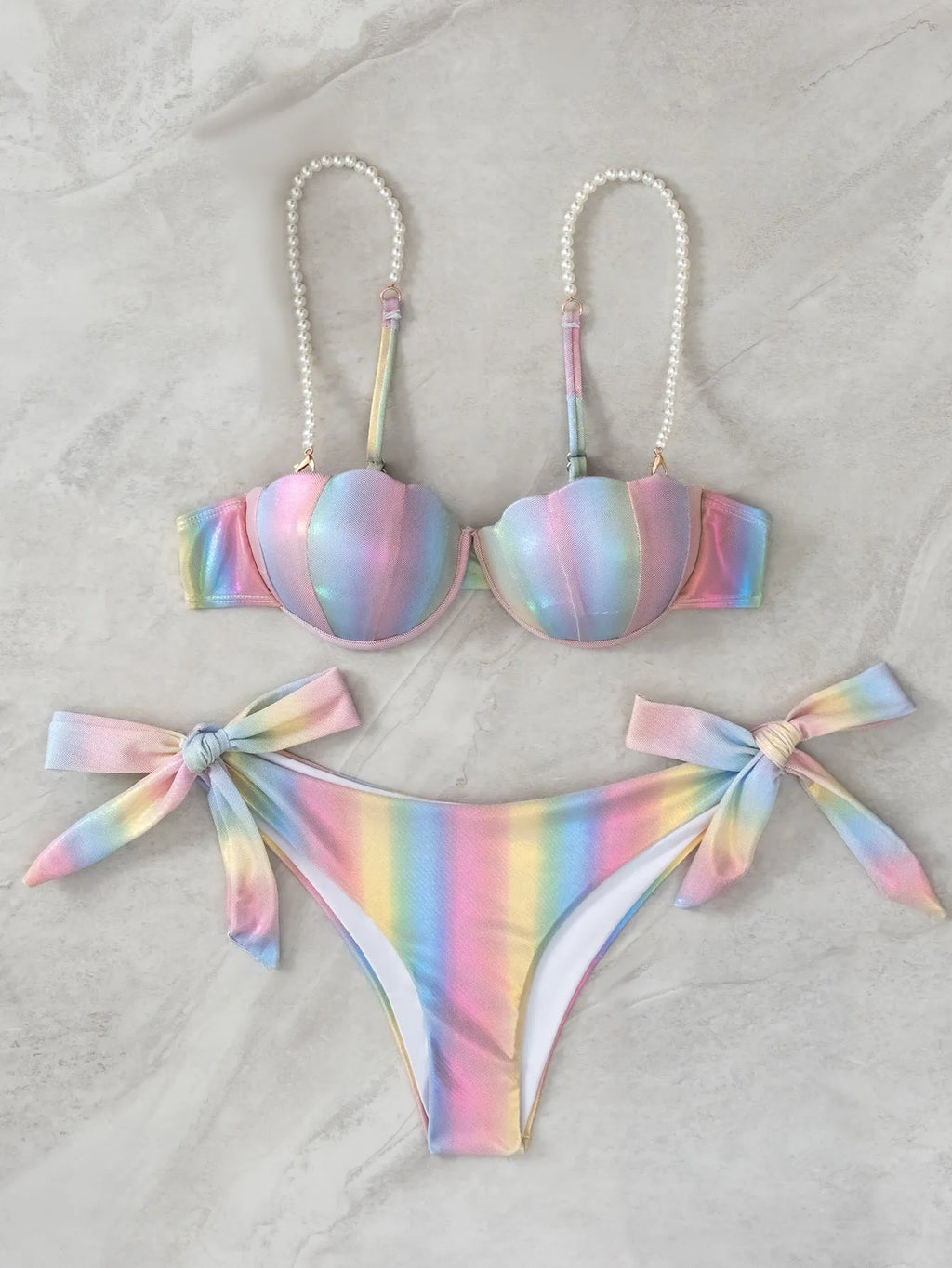 Women's shell rainbow pattern bikini swimsuit with split tied design in polyester fabric