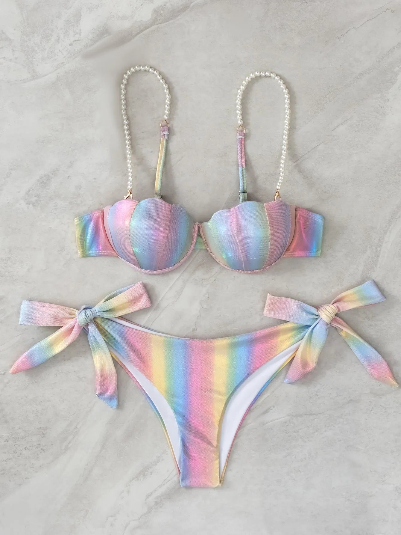 Women's shell rainbow pattern bikini swimsuit with split tied design in polyester fabric