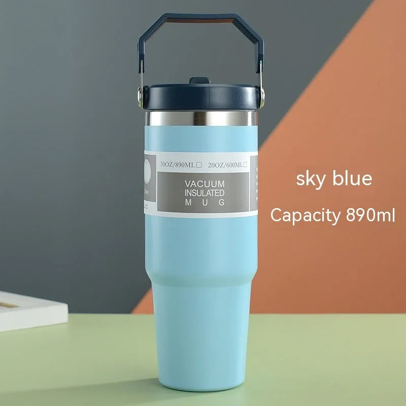 30oz stainless steel travel tumbler with handle and sliding lid in dark pink colour
