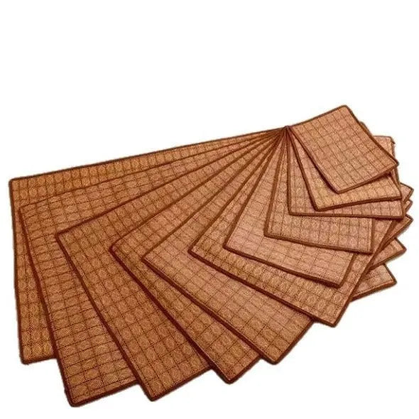Brown rattan fibre summer cooling mat for dogs showing woven texture and size options