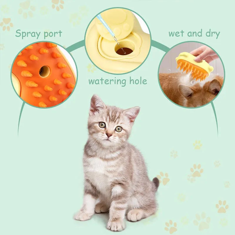 Cat Steamy Brush 3-in-1 Spray Comb showing steam function, pet-shaped design, and grooming application on animal coat