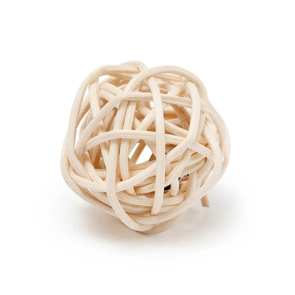 Two cat toys: faux feather ball measuring 4x9cm and hollow rattan ball with 3.5cm diameter