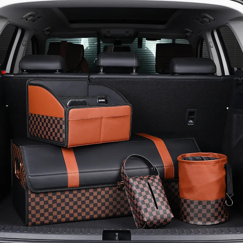 Leather retractable car trash can showing folded and expanded states with handle