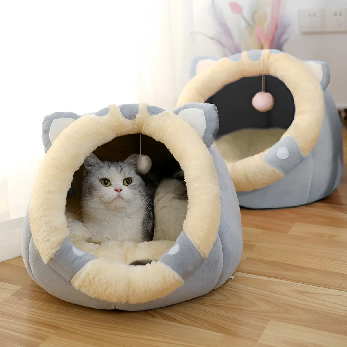 Grey enclosed cat house bed in Ox horn or Rabbit Nest shape, M L XL sizes for 3-25 kg pets
