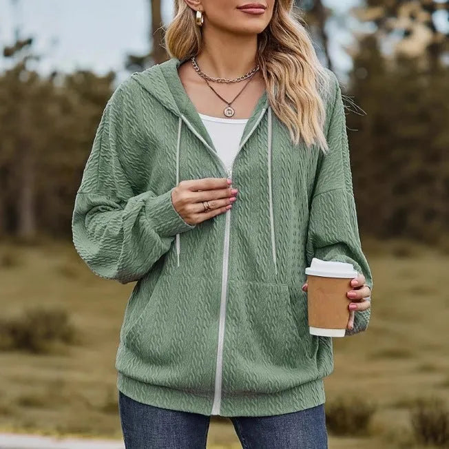 Green hooded zipper coat with loose fit, long sleeves, and full-length front zip for autumn winter wear