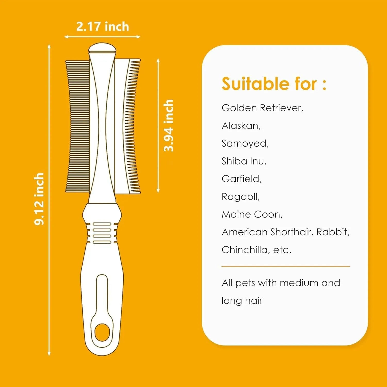 White 2 in 1 dog cat deshedding brush with curved comb design and anti-slip handle for pet grooming