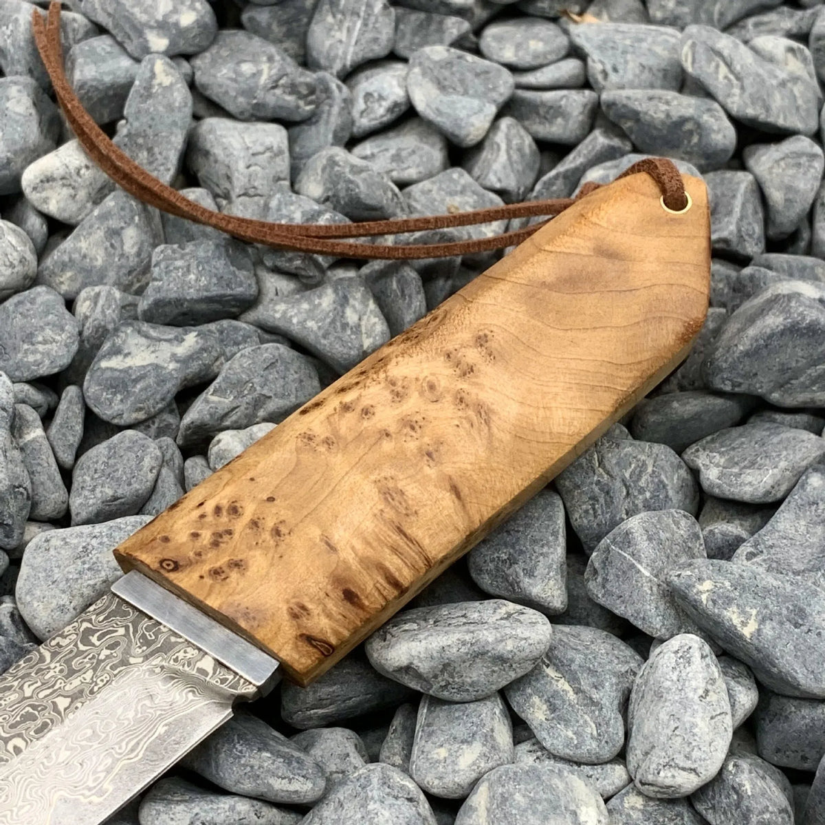 White Shadow Damascus pattern steel camping short knife with Thuja wood handle