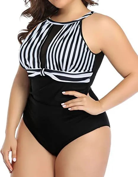 Women's one-piece swimsuit with lace detailing in black, red flower, or stripes patterns, sizes L to 4XL