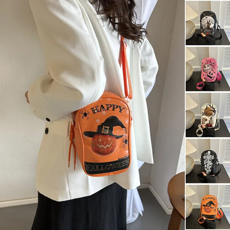 Halloween graffiti crossbody phone bag with pumpkin ghost bat print, 14x23x9.5cm dimensions, PU material