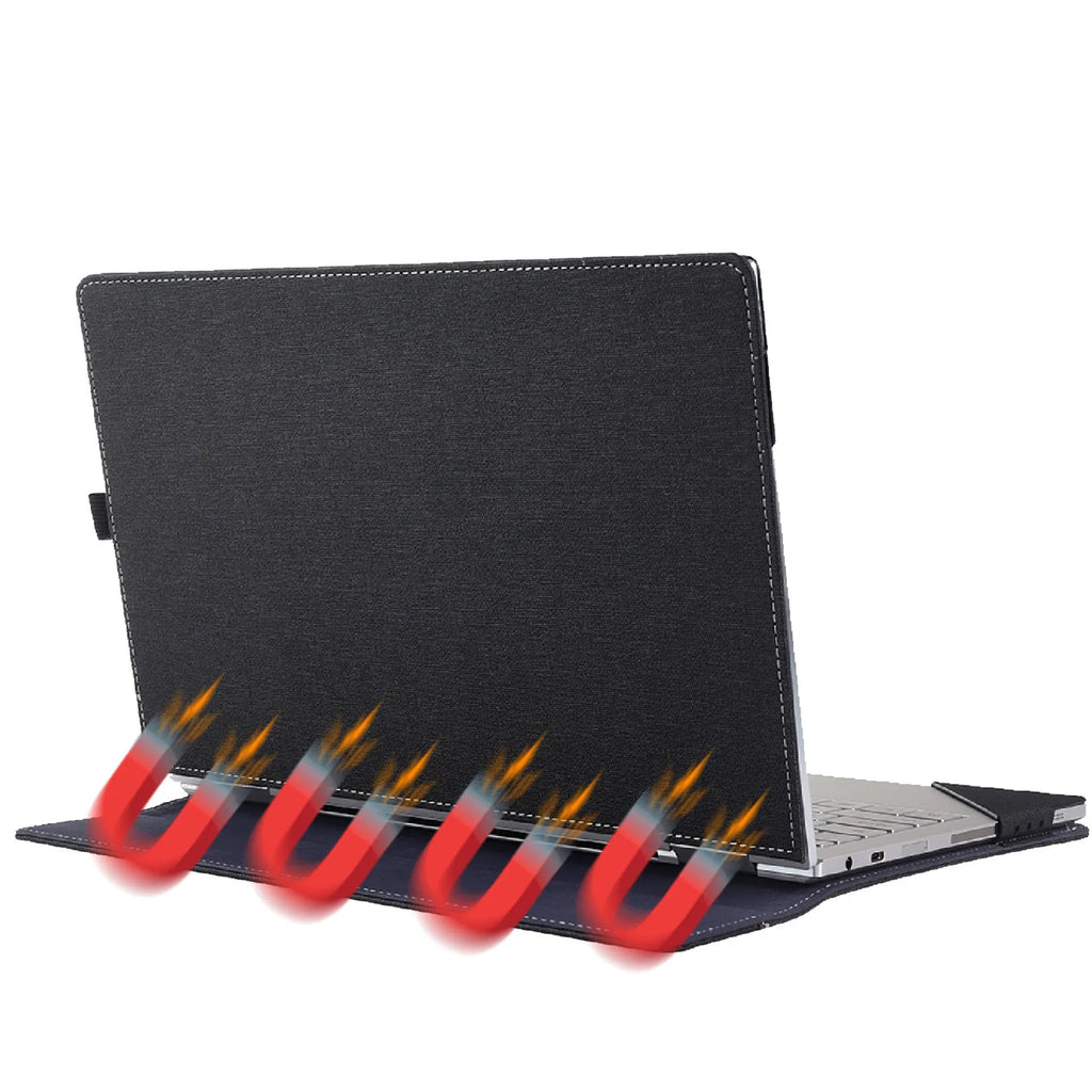 Black imitation leather laptop protective sleeve with Chinese design and a carrying bracket.