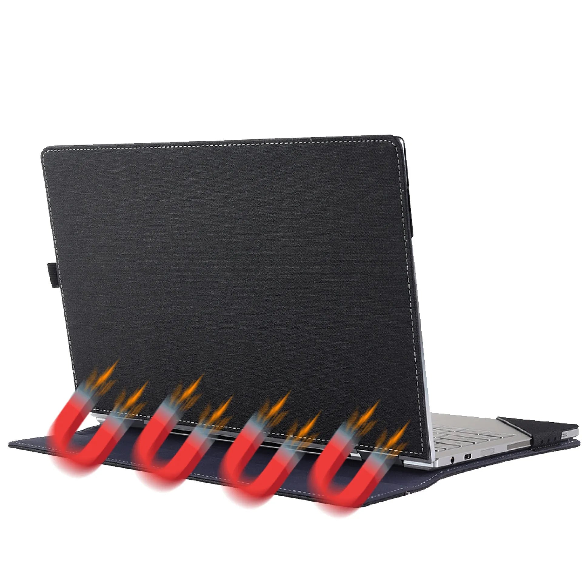 Black imitation leather laptop protective sleeve with Chinese design and a carrying bracket.