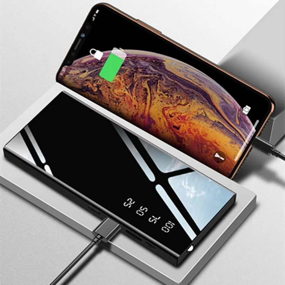Black 20000mAh power bank with LCD display showing battery percentage, dual USB ports, and compact rectangular design