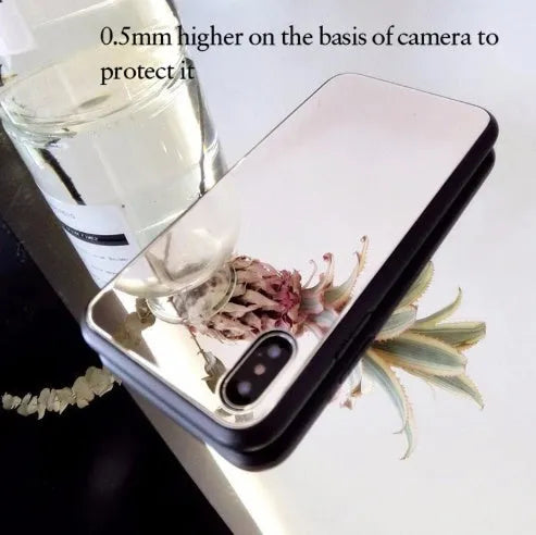 Black iPhone mirror phone case with built-in reflective surface on back, compatible with iPhone 7 Plus, 8 Plus, and X models