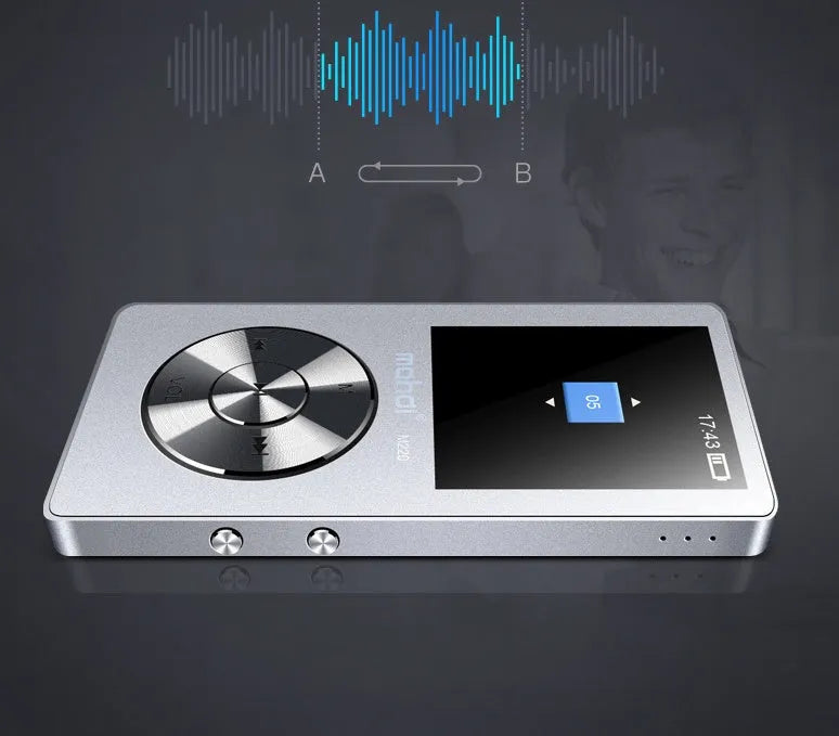 Gold MP3 player with 1.8-inch screen, metal body, and 3.5mm jack for lossless audio playback
