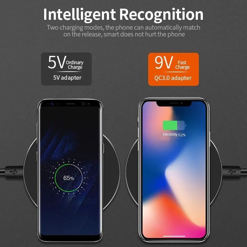 Ultra-thin black wireless charging pad measuring 98mm square with 6.5mm thickness on desk surface