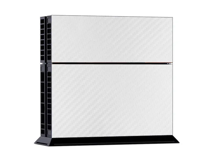 PS4 console covered in a black carbon fibre texture skin sticker with visible ventilation grooves.