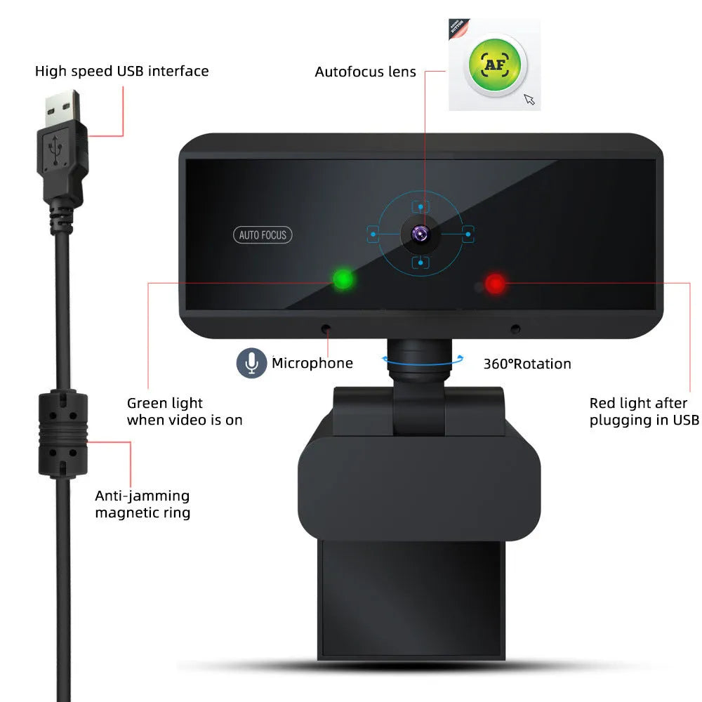 Black USB 2.0 computer video camera with 5MP CMOS sensor, autofocus, 2592x1944 max resolution, 1.7m cable, for Windows desktops.