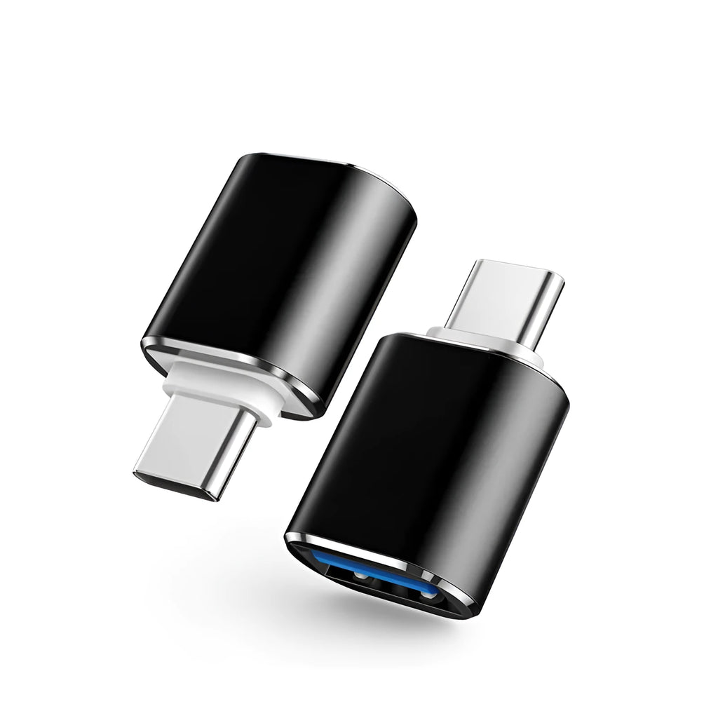 USB Type-C to USB-A OTG adapter shown in black, silver, and gold colour options.