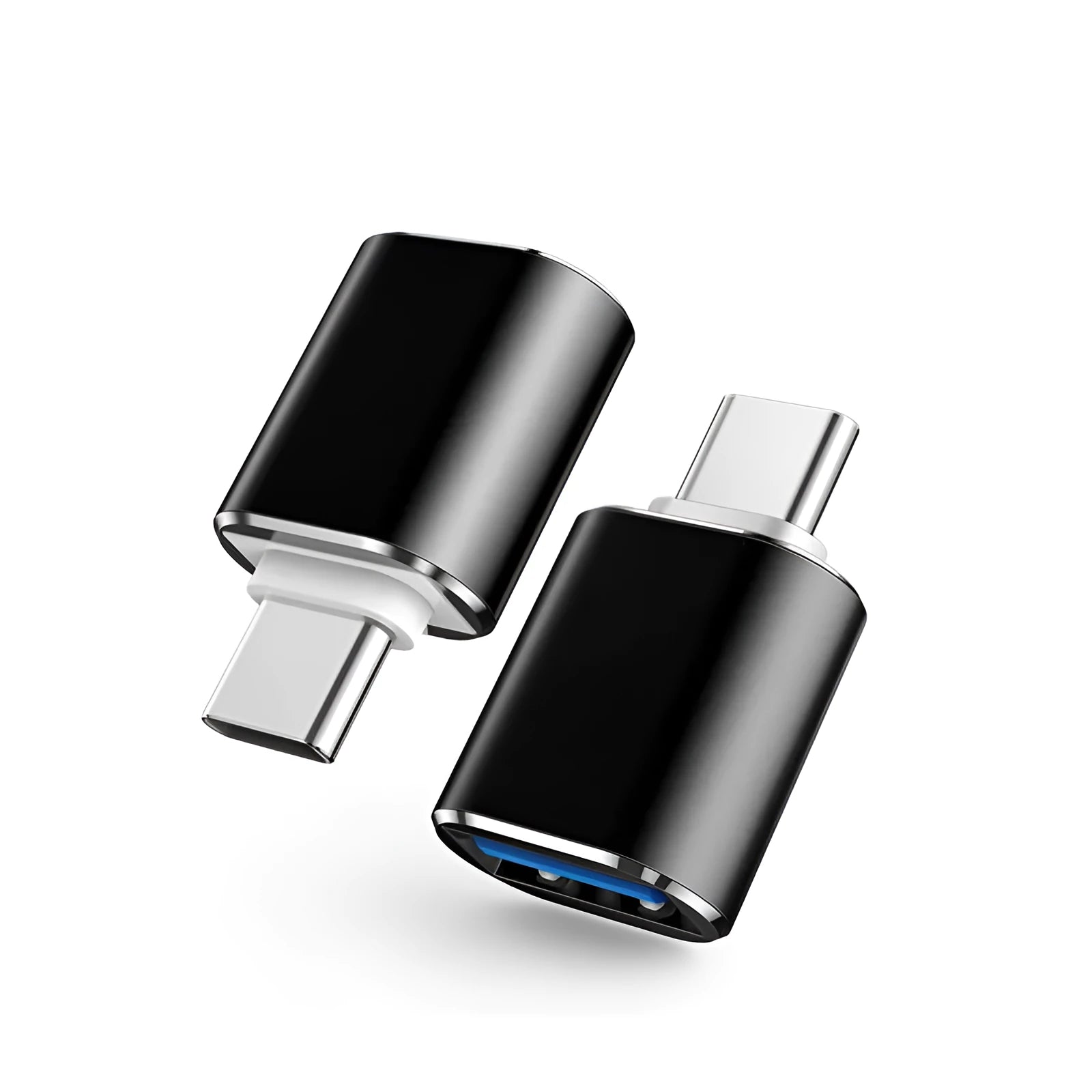 USB Type-C to USB-A OTG adapter shown in black, silver, and gold colour options.