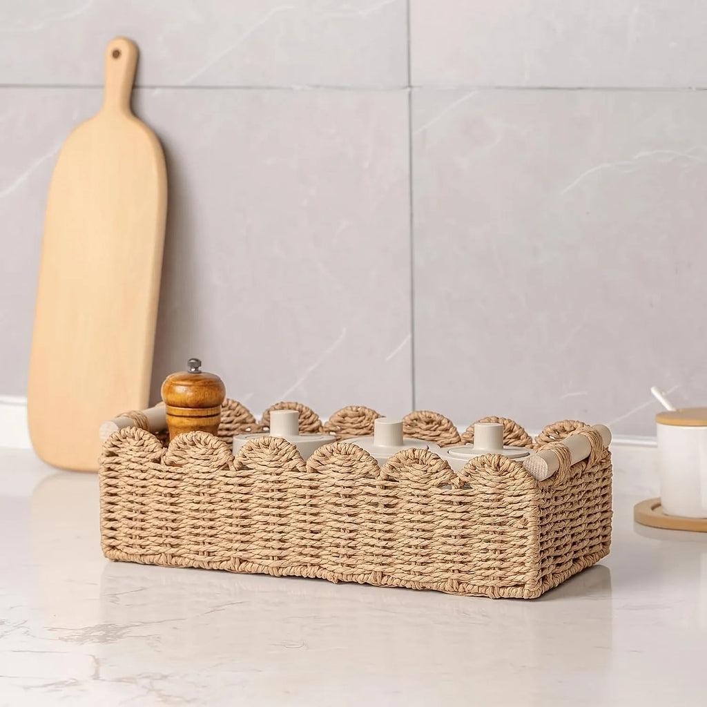 Woven paper storage basket in khaki colour on desktop with remote controls and stationery inside, dimensions 35.5cm x 16cm x 10cm