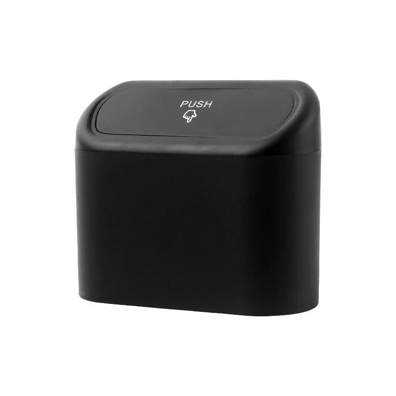 Black folding plastic trash can mounted on a car seat
