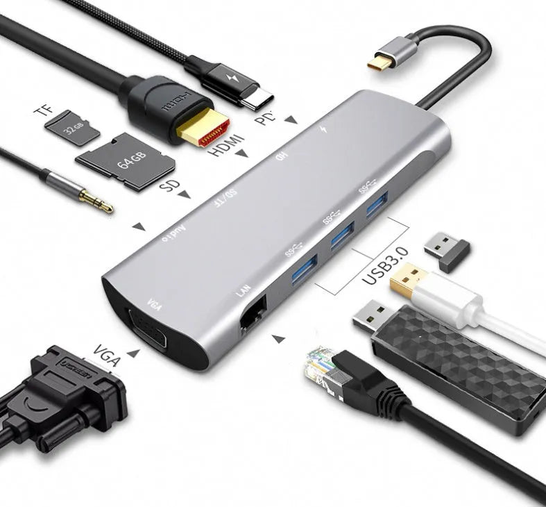 Grey USB-C docking station with HDMI, VGA, USB ports, and 140mm cable for laptop connectivity expansion