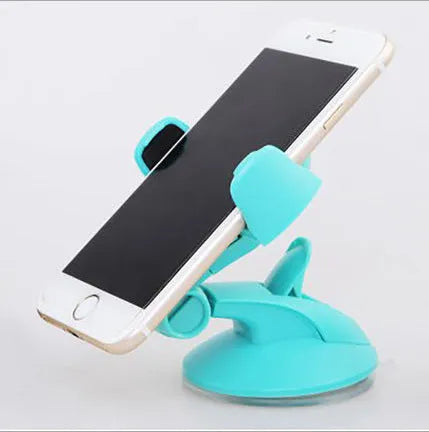 Suction cup car phone holder in black or blue for phones 5cm to 8cm wide, mounted on glass or dashboard.