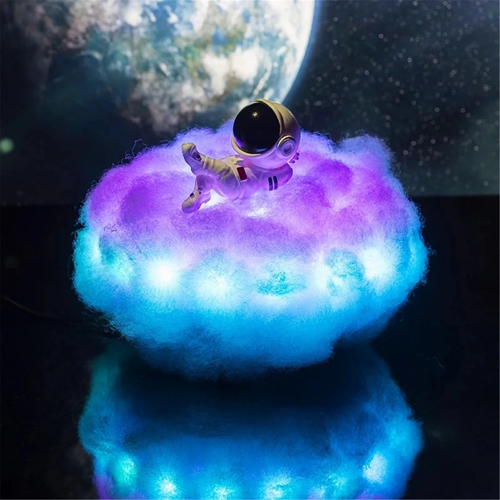 LED astronaut cloud lamp with colour-changing rainbow effect on a wooden stand, 15 x 20cm night light for kids
