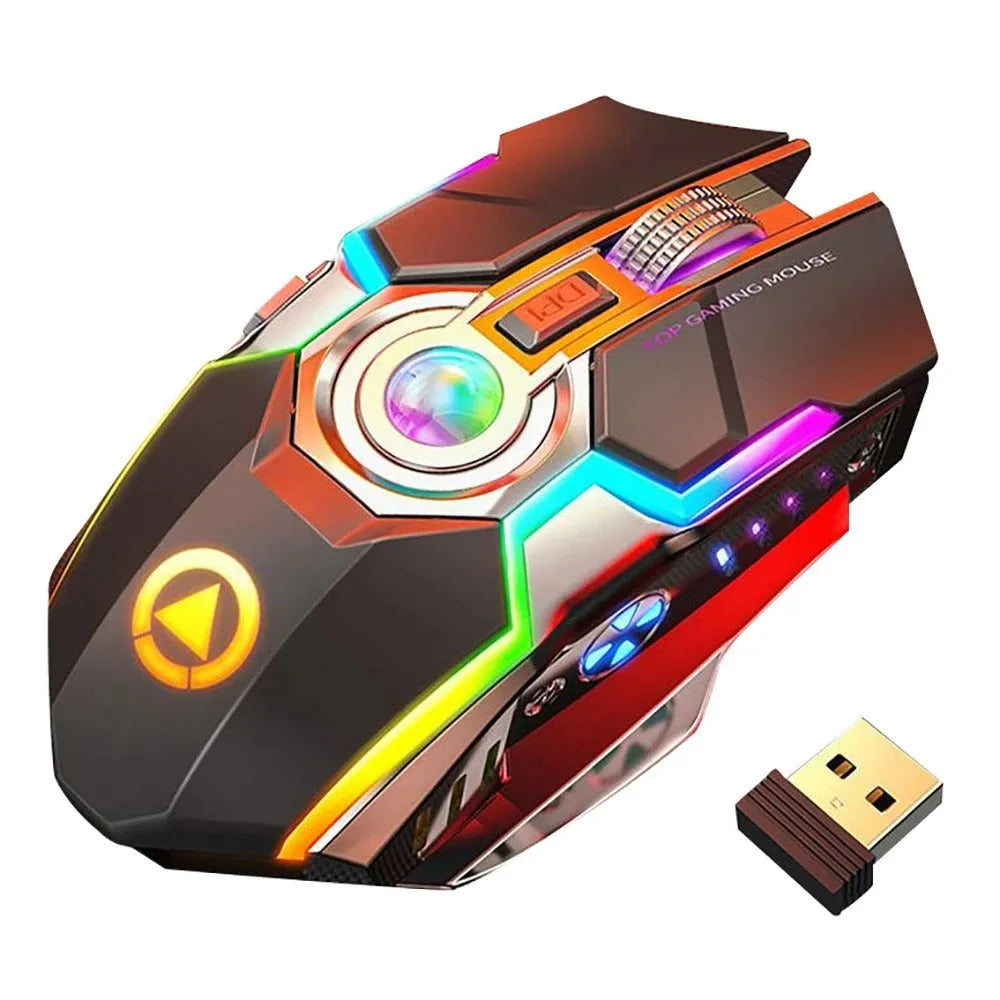 Wireless gaming mouse with RGB lighting, rechargeable battery, mute button, and USB receiver, in black or grey.