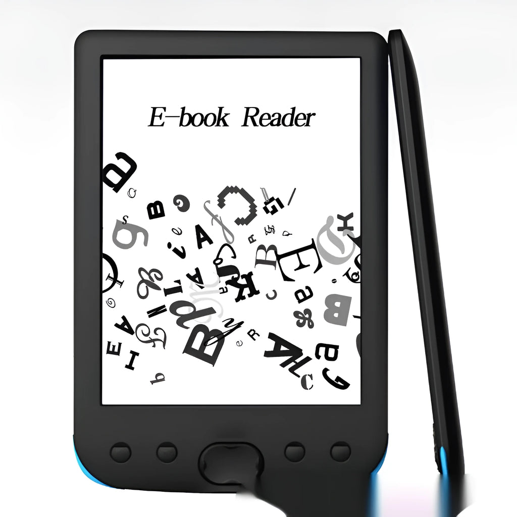 Black 6-inch E-ink screen e-book reader on a table.