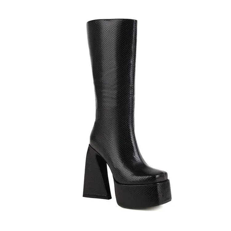 Women's high boots in artificial PU available in black, red, blue, and white colours with UK sizes 34-43