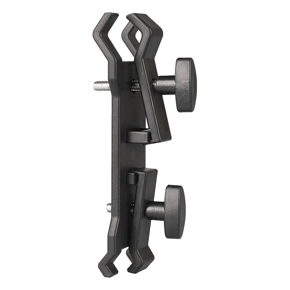 Black camera umbrella clip attached to tripod with umbrella for filming protection