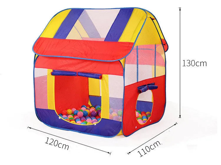 Large blue outdoor children's play tent with roll-up mesh curtain in garden setting