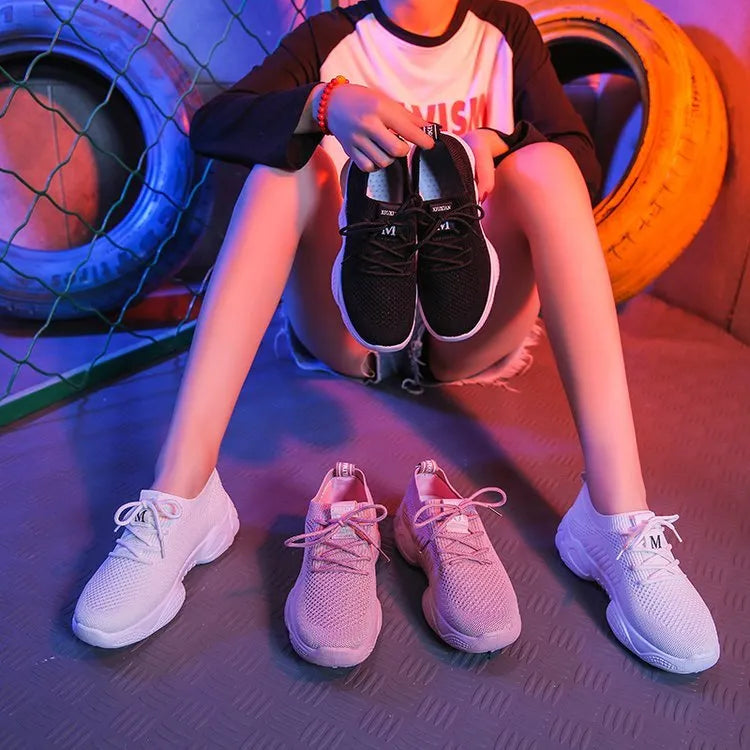 Women's white thick-soled flying woven sports shoes with front strap and round toe in sizes 35-40