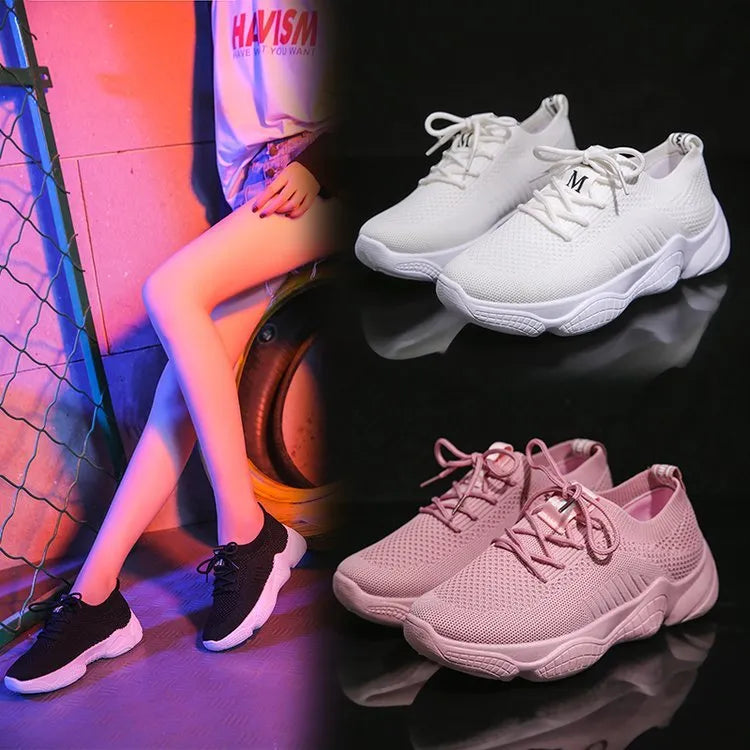 Women's white thick-soled flying woven sports shoes with front strap and round toe in sizes 35-40