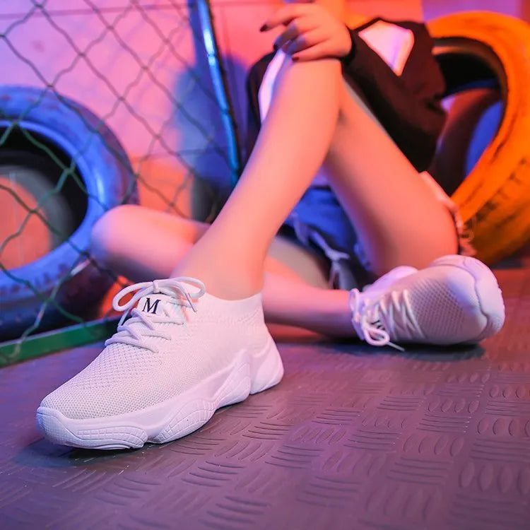 Women's white thick-soled flying woven sports shoes with front strap and round toe in sizes 35-40