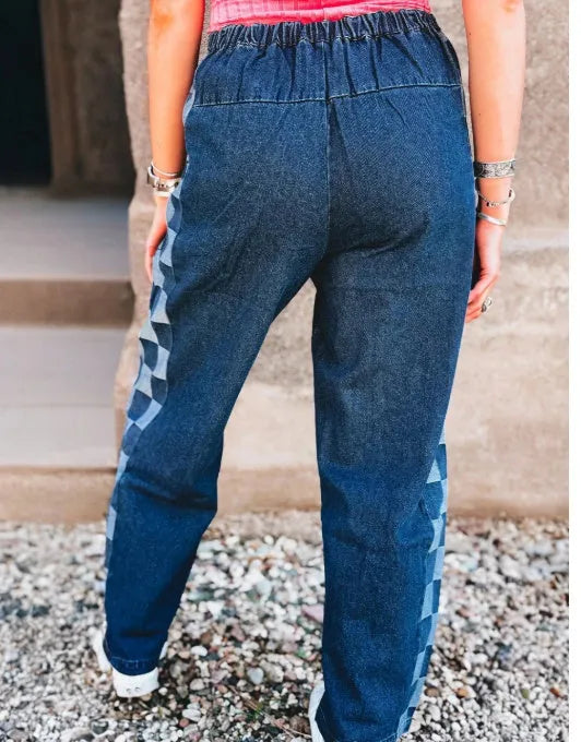 Sail blue loose jeans with checkered side panels and drawstring waist, cotton blend, Asian sizes 4-16.