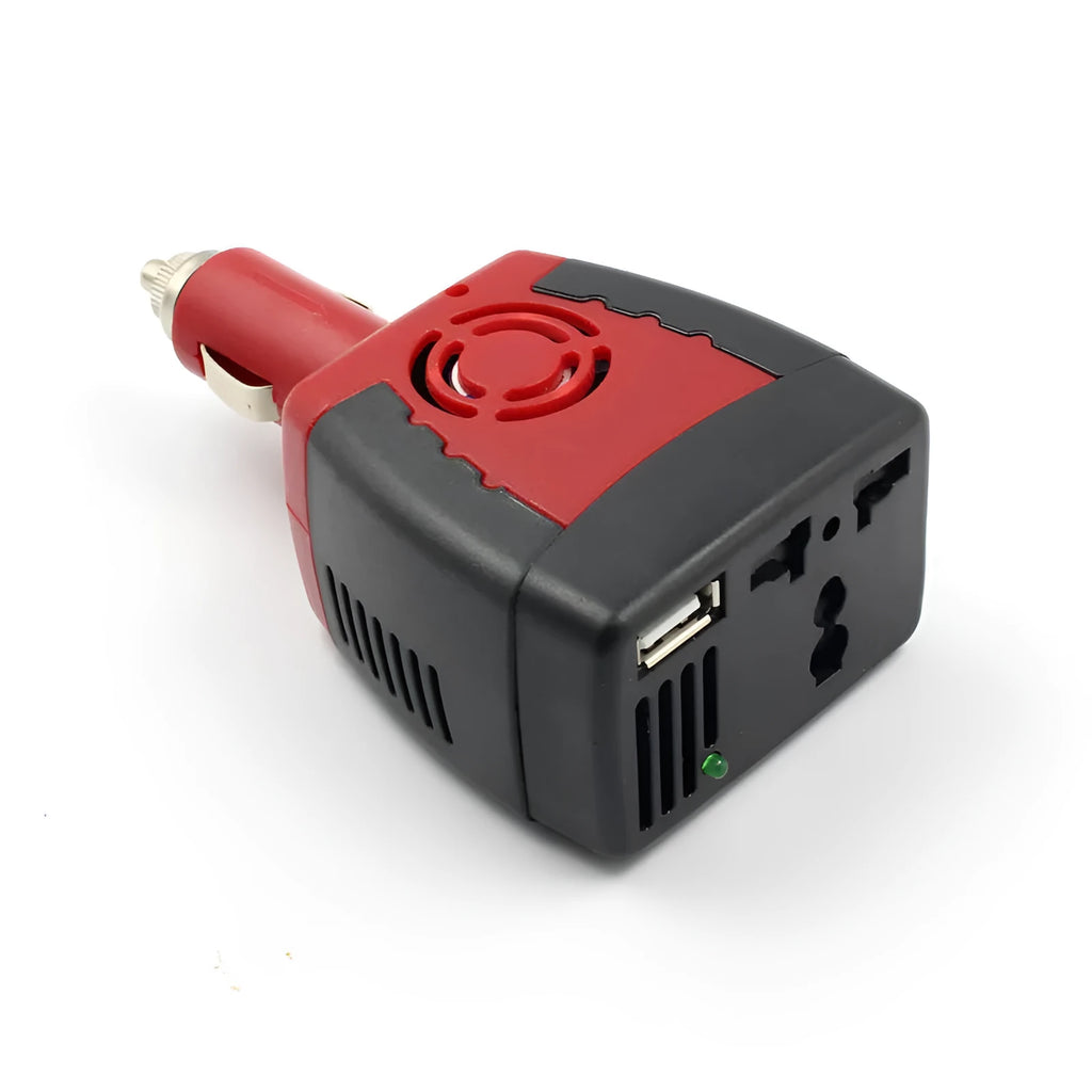 Black and red 150W car power inverter with AC and USB outputs for vehicle use