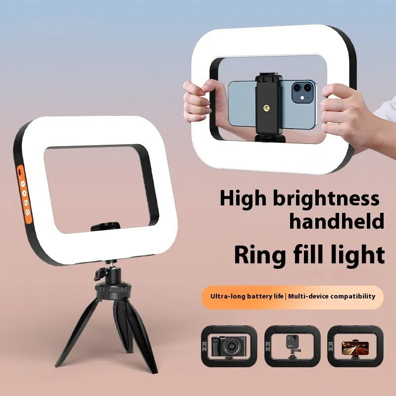 Mobile phone fill-in light with rechargeable holder and metallic desktop bracket for outdoor shooting