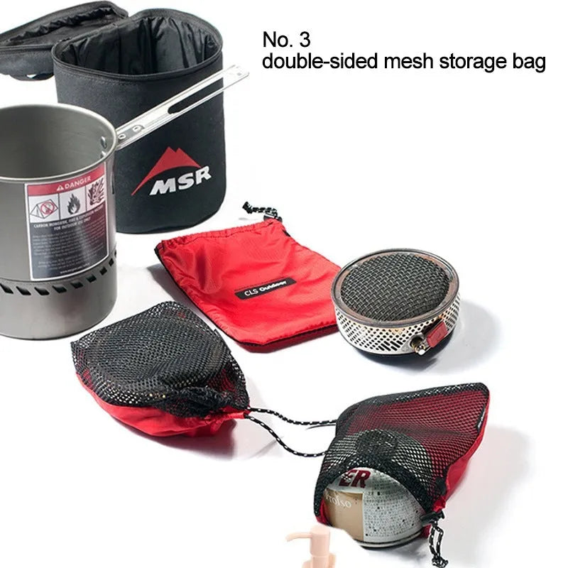 Red outdoor travel storage bag set with five organisers showing zipper closures and multiple internal pockets
