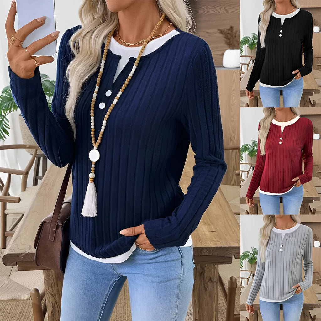 Women's black fake two-piece round neck pullover sweater with concave stripe texture