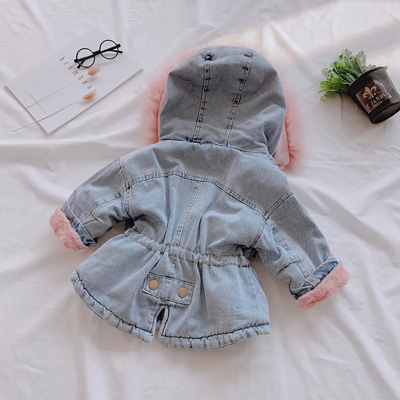 Girls blue denim coat with attached hat and velvet lining for winter wear