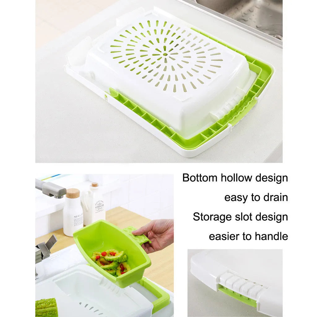 Green multi-function kitchen cutting board with integrated sink basket and drainage holes