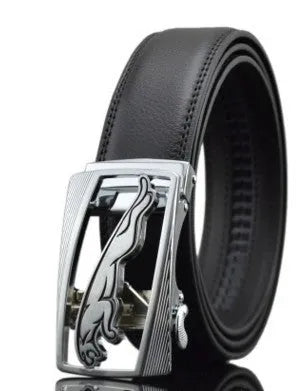 Men's automatic buckle leather belt showing 3.5cm width and first-layer cowhide material with adjustable length
