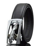 Men's automatic buckle leather belt showing 3.5cm width and first-layer cowhide material with adjustable length