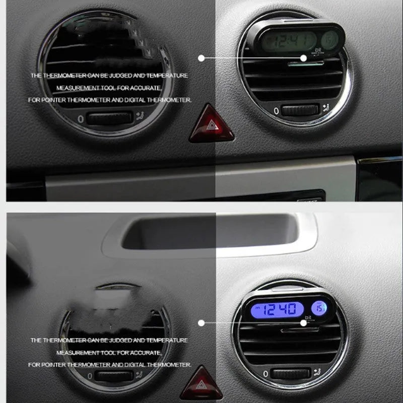 Black car clock thermometer measuring 7.5cm with digital LED display showing time and temperature