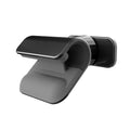 Black car phone holder showing 360-degree rotation mechanism and adhesive mounting base