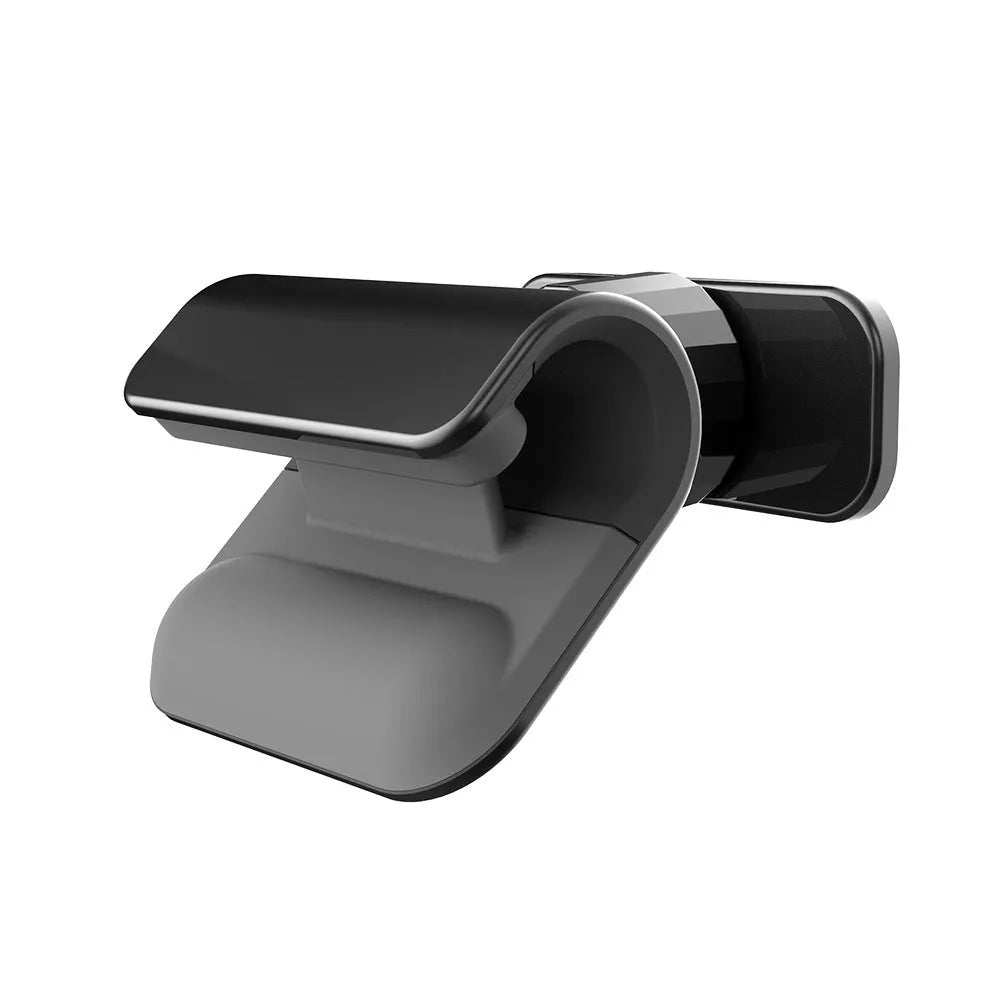 Black car phone holder showing 360-degree rotation mechanism and adhesive mounting base
